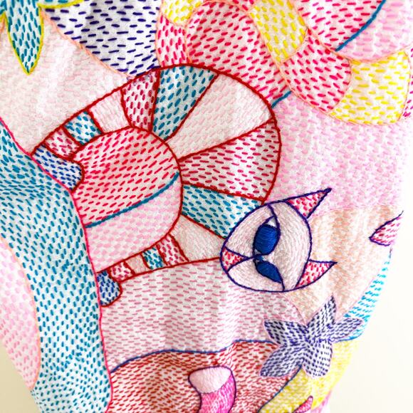 Vintage Multicolor Handmade Embroidered Cat Dress Size XS/Small V-Neck Pocket - Picture 3 of 9